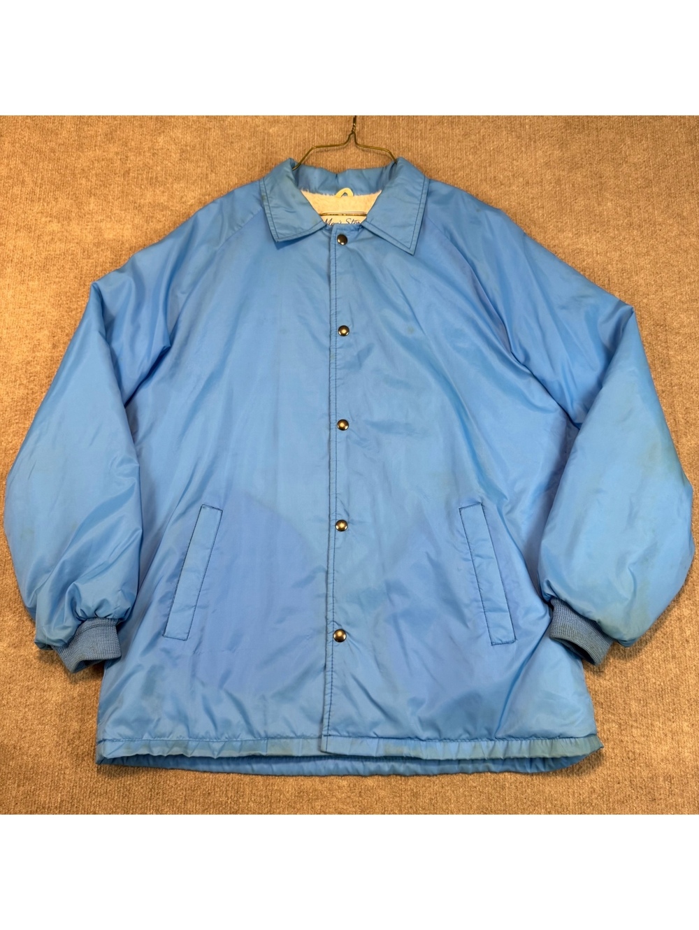 Vintage 70s SEARS Mens Store Blue Sherpa Lined Satin Coaches Jacket Large Tall